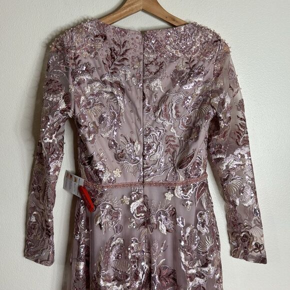 Mac Duggal EMBELLISHED V NECK ILLUSION LONG SLEEVE A LINE GOWN in rose size 4 - Picture 9 of 12